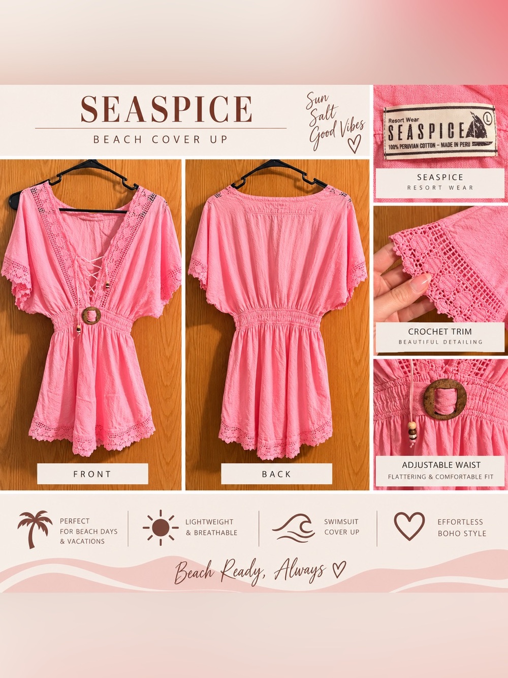 Seaspice Pink Crochet-Trim Beach Tunic with Adjustable Waist